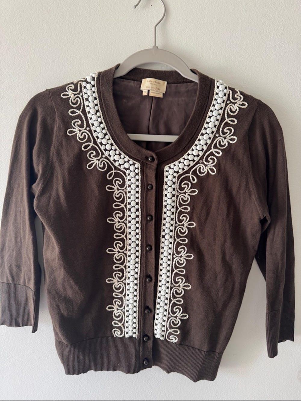 kate spade Brown Cardigan with White Pearl & Embroidered Trim